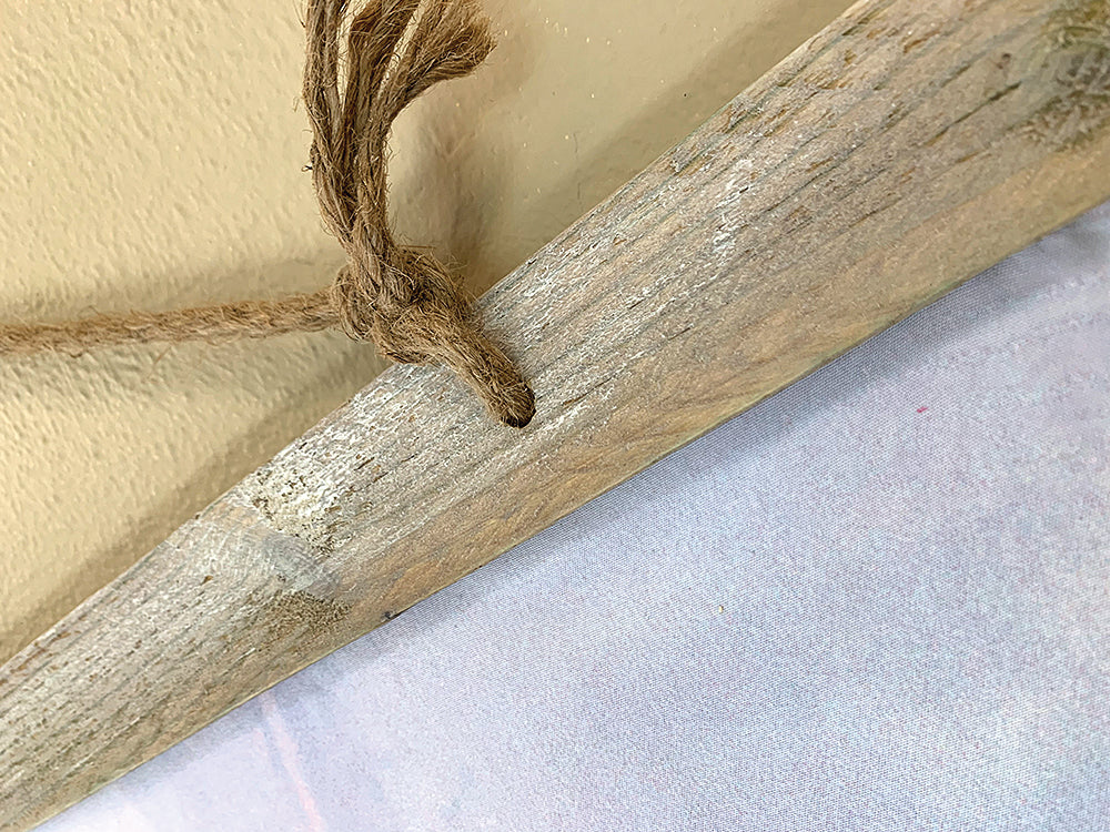 Example of Tapestry with Double Board, drilled holes with thick jute rope. Design: "Love Is Patient"