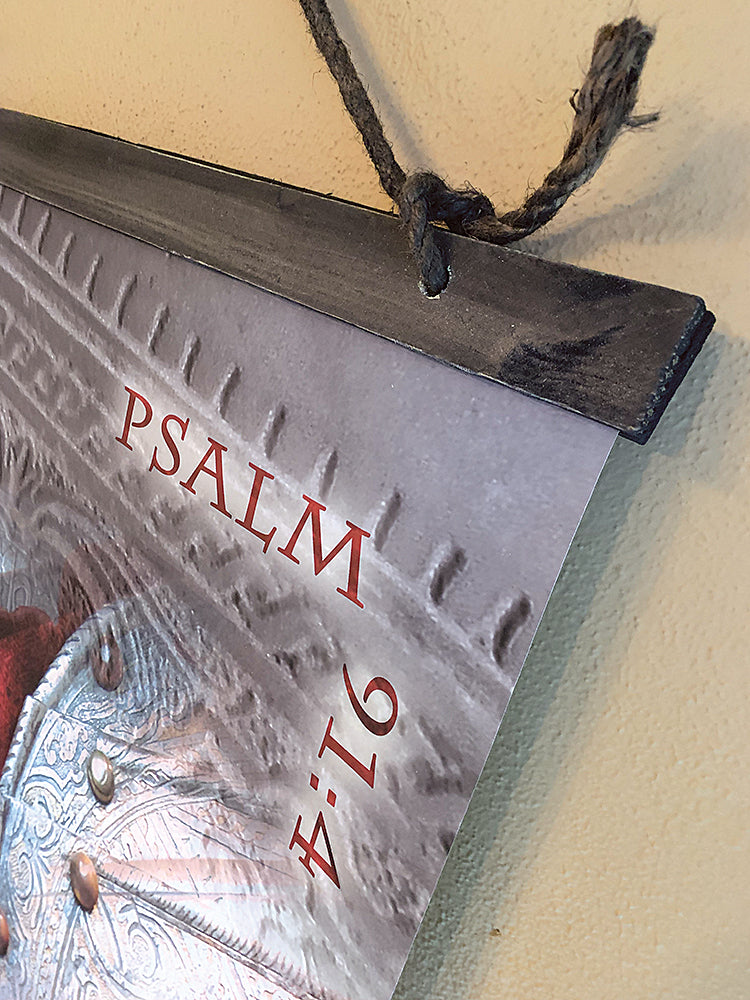 Sample design "Armor & Protection" with Double Wood Boards, drilled holes and thick jute rope for hanging.